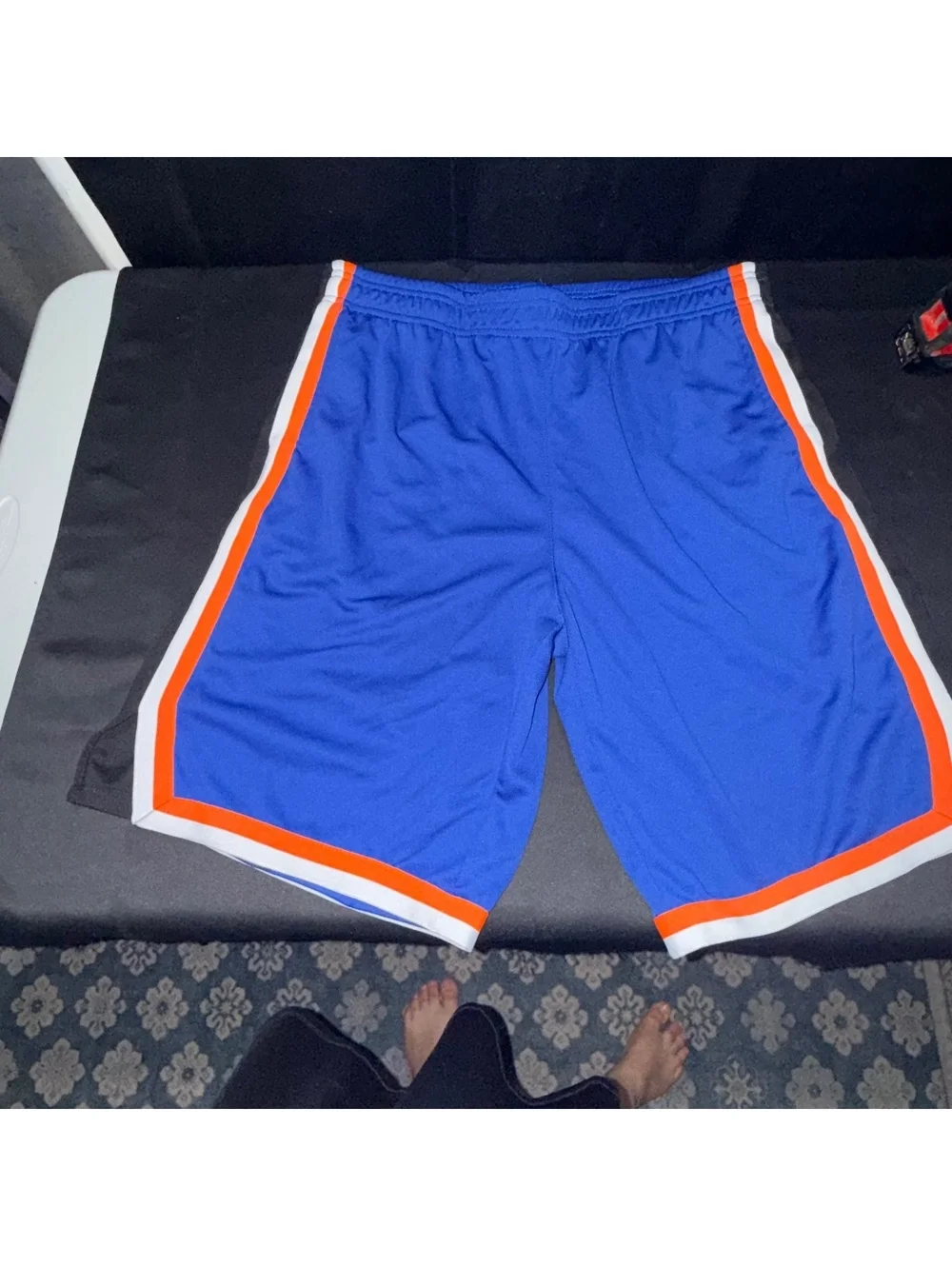 Blue Athletic Shorts with Orange and White Trim